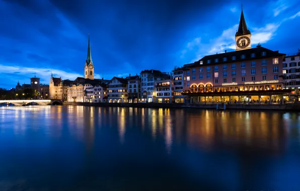 Картинка свет, ночь, город, огни, дома, Швейцария, подсветка, Zürich