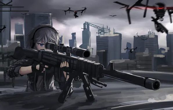 Girl, gun, weapon, anime, sniper, asian, japanese, drone