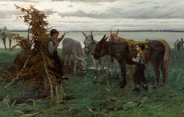 1865, Виллем Марис, Dutch painter, голландский художник, oil on canvas, Boys herding donkeys, Мальчики пасут …