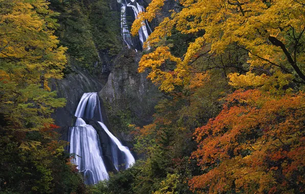 Картинка осень, скалы, водопад