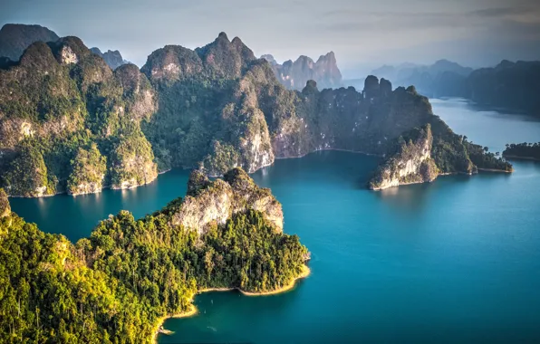 Green, Thailand, sky, trees, water, lake, hills, Cheow Larn Lake