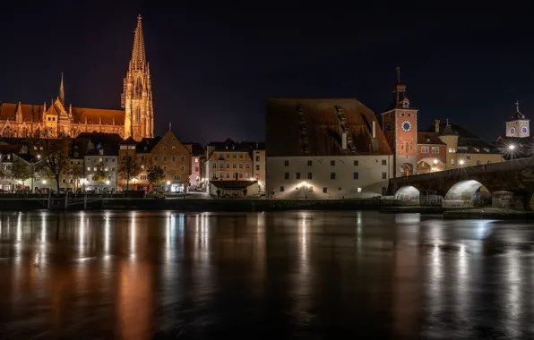 Мост, огни, река, вечер, Германия, Regensburg