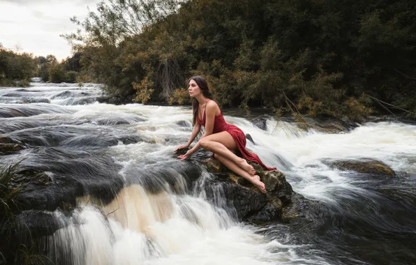 Картинка девушка, river, sky, nature, water, clouds, model, brunette