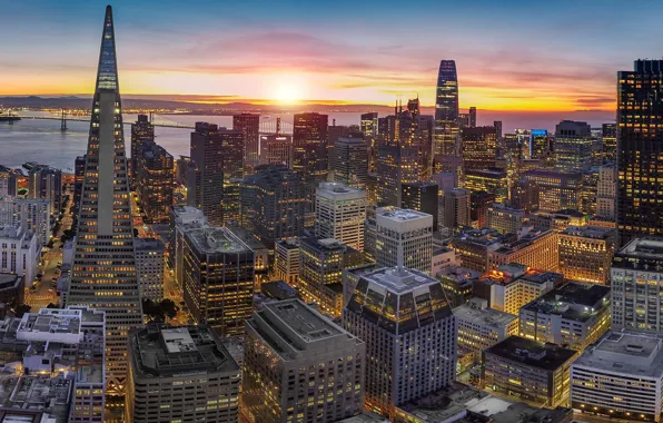 Картинка закат, здания, дома, Калифорния, панорама, залив, Сан-Франциско, небоскрёбы