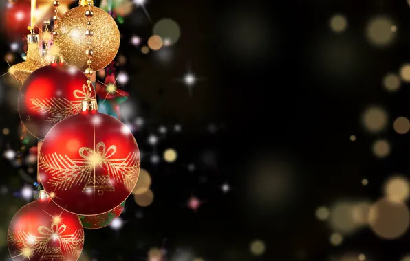 Картинка темный фон, шары, игрушки, Новый Год, Рождество, красные, Christmas, золотые