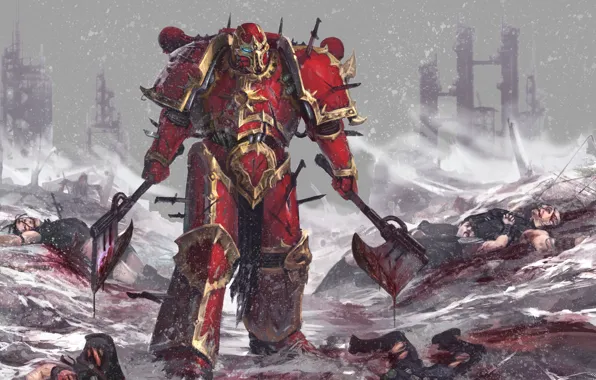 Картинка снег, оружие, воин, руины, Warhammer, трупы, силовая броня