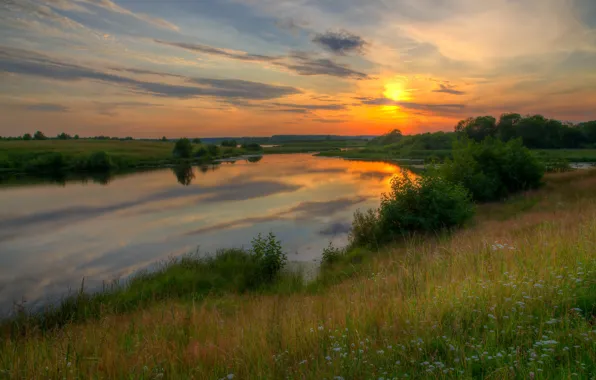 Картинка лето, закат, озеро, берег, водоем