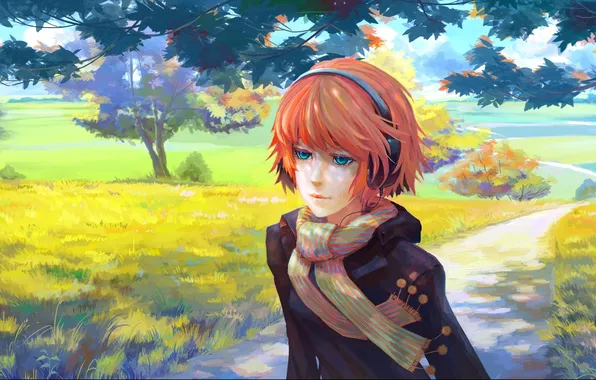 Картинка девушка, Осень, наушники, шарф