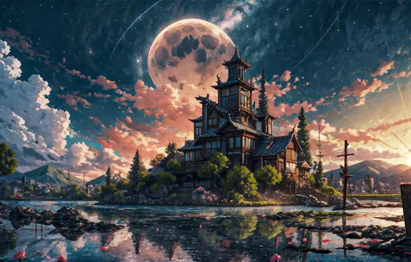 Картинка moon, fantasy, castle, ai art