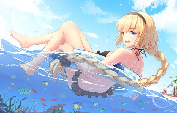 Вода, Море, Девушка, Блондинка, Круг, Fate / Grand Order, Судьба великая кампания, Надувной круг