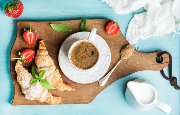 Картинка ягоды, кофе, завтрак, сливки, клубника, coffee cup, strawberry, breakfast