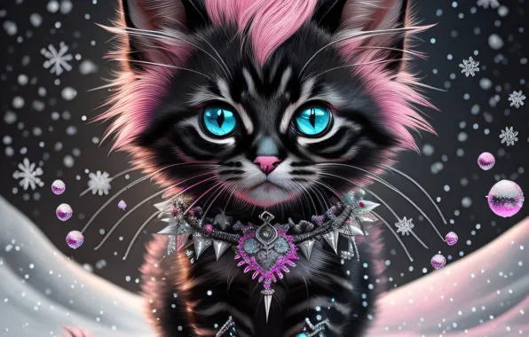 Зима, кошка, глаза, кот, взгляд, снег, снежинки, стиль