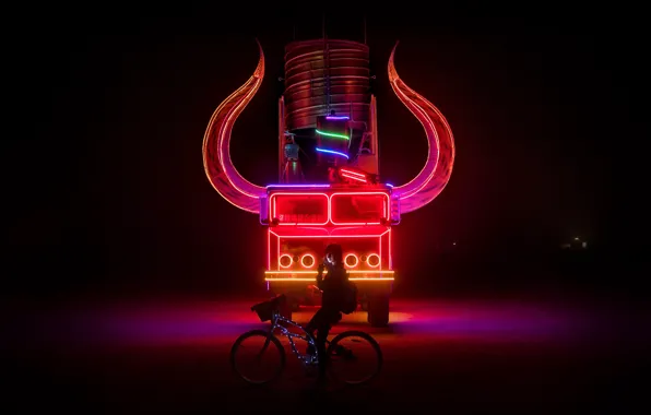 Girl, horns, bike, night, truck, neon