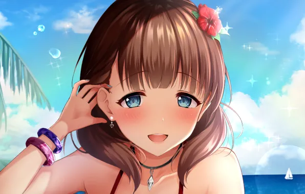 Girl, sky, sea, brown hair, smile, anime, blue eyes, beautiful