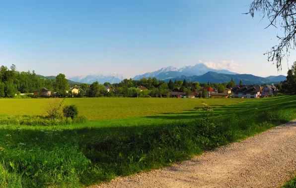 Поле, пейзаж, горы, дома, Austria, Зальцбург, природа., Salsburg