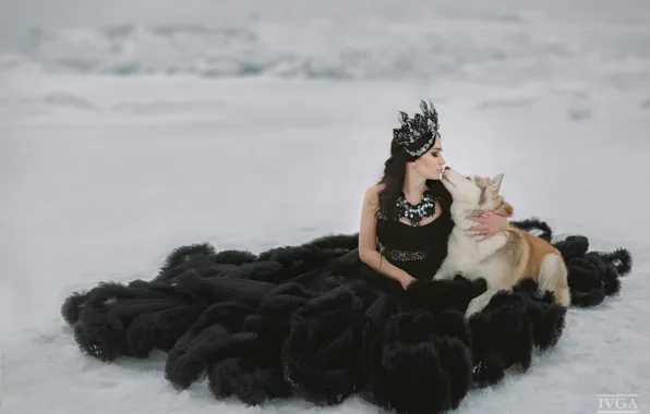 Девушка, снег, поцелуй, собака, платье