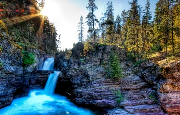 Картинка лес, небо, деревья, река, скалы, водопад, HDR, поток