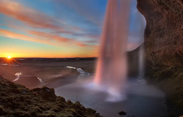 Colors, river, sky, landscape, nature, clouds, sun, waterfall