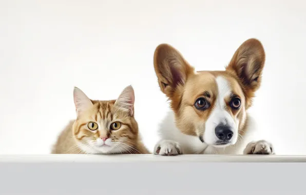 Кошка, кот, взгляд, стол, вместе, лапки, собака, рыжий