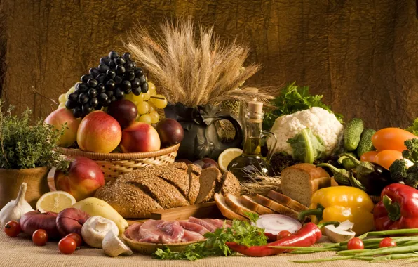 Картинка пшеница, зелень, лимон, грибы, масло, еда, лук, хлеб