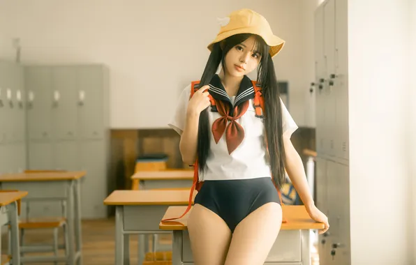 Картинка girl, Asian, shorts, pigtails
