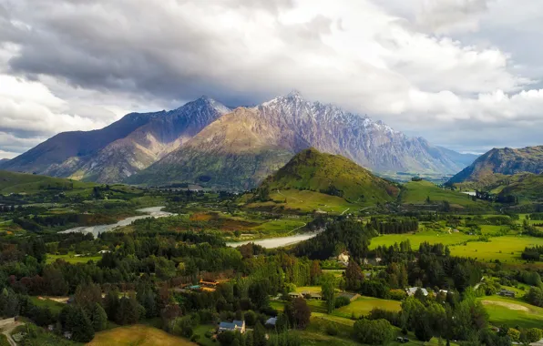 Картинка облака, деревья, горы, река, поля, долина, Новая Зеландия, панорама