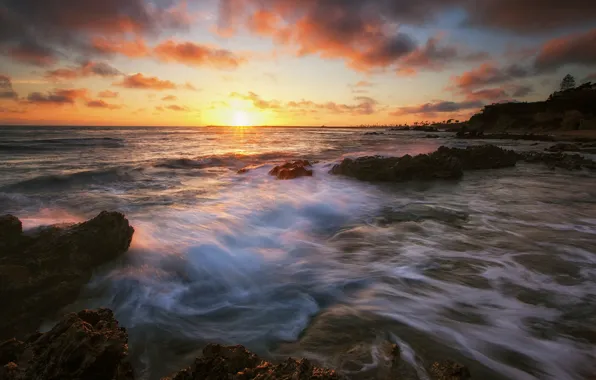 Картинка море, солнце, закат, камни