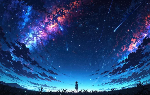 Картинка Girl, Sky, Milky Way, Comet, Anime Girl, AI Art, AI Generated