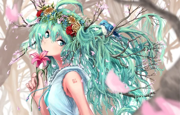 Картинка девушка, цветы, ветви, птица, аниме, арт, татуировка, vocaloid