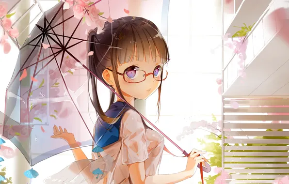 Картинка девушка, цветы, зонтик, крылья, очки