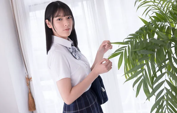 Beautiful, Asian, Model, Woman, Pretty, Uniform, Curtain, Plant