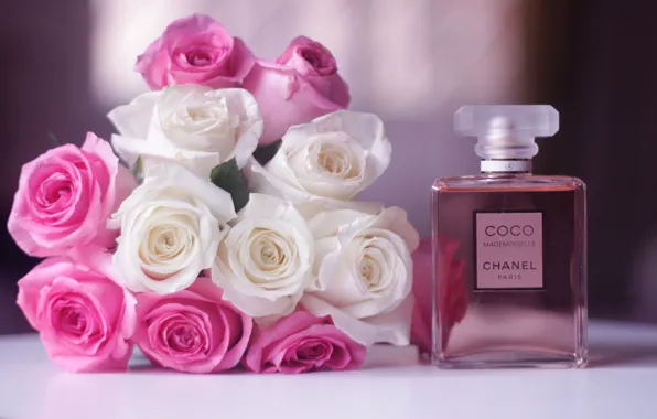 Цветы, розы, букет, розовые, белые, парфюм, Chanel Coco Mademoiselle