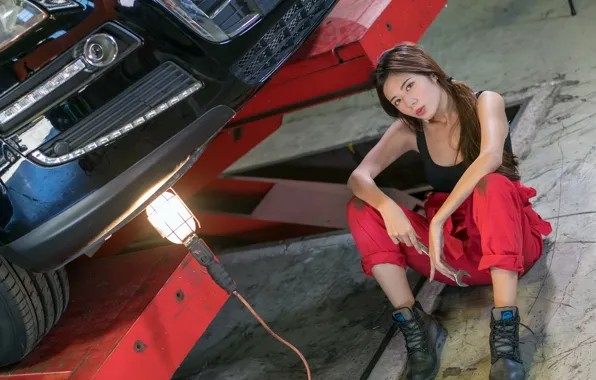 Картинка машина, девушка, гараж