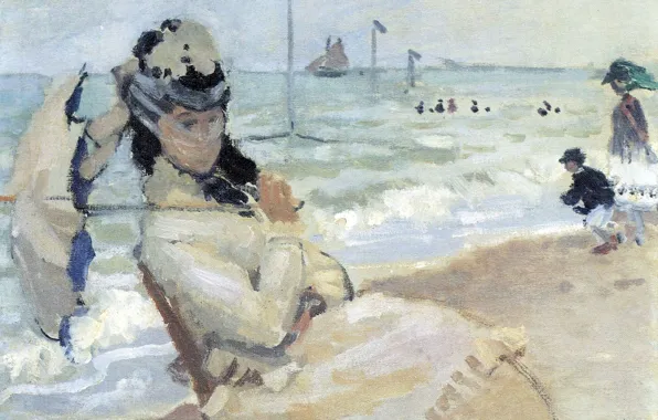 Картинка девушка, лодка, картина, зонт, парус, вуаль, морской пейзаж, Клод Моне