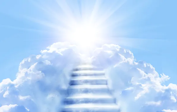 Картинка небо, солнце, облака, лучи, голубое, лестница, ступени