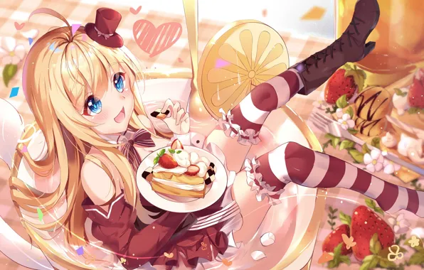 Ягоды, Девушка, арт, Фрукты, сладости, Торт, Noucome