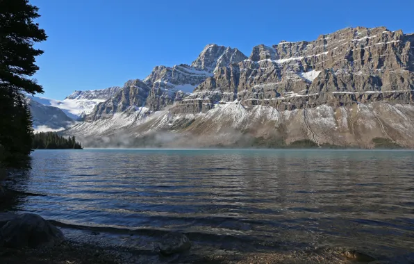 Лес, вода, снег, деревья, туман, гора, Река, дымка