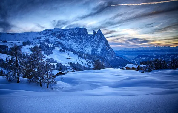 Картинка снег, деревья, горы, Зима, домики