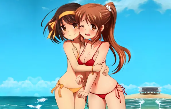 Girl, sexy, cleavage, beach, long hair, sea, brown hair, brown eyes