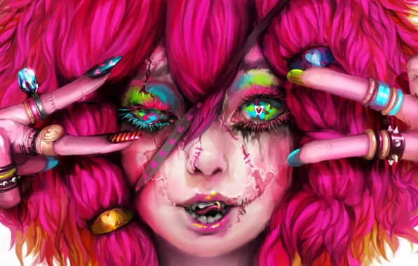 Картинка девушка, кольца, пирсинг, арт, кавай, розовые волосы, шрамы, genki-de
