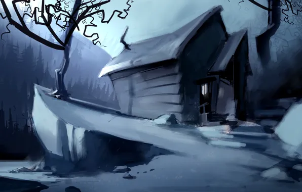 Картинка лес, снег, ночь, дом, дерево, арт, нарисованный пейзаж