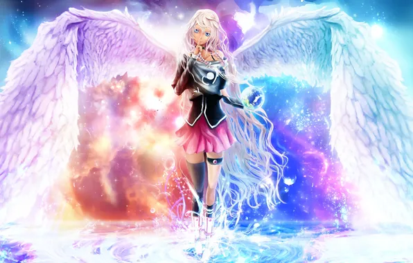 Взгляд, девушка, космос, магия, крылья, ангел, vocaloid, жест