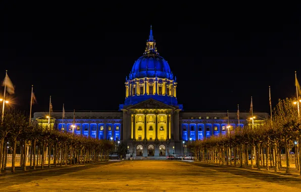 Картинка небо, ночь, огни, Сан-Франциско, США, дворец, City Hall