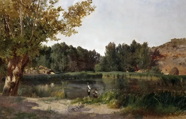 Картинка деревья, пейзаж, природа, картина, Озеро, охотник, Карлос де Хаэс
