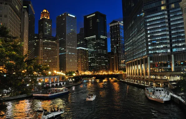 Картинка ночь, город, река, фото, дома, небоскребы, Чикаго, США