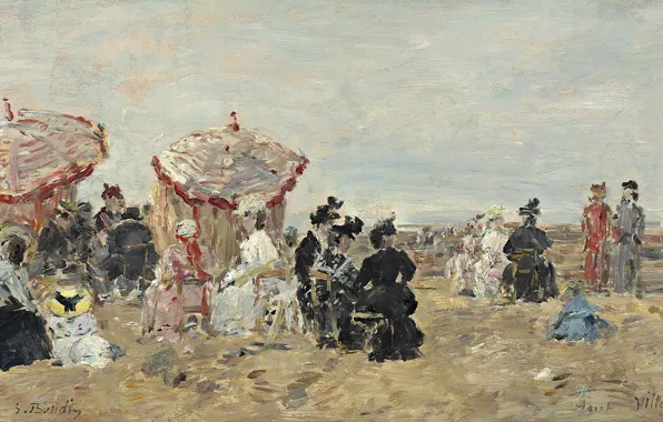 Картинка люди, картина, зонт, Эжен Буден, Сцена на пляже
