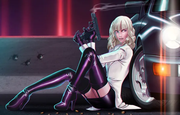 Девушка, пистолет, Charlize Theron, каблуки, porsche, Lorraine Broughton, Atomic Blonde, atomic blonde