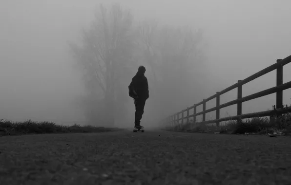 Дорога, осень, туман, человек, road, autumn, fog, Скейтборд