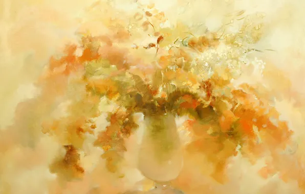 Картинка осень, цветы, ваза, Натюрморт, жёлтый фон, Сфумато, сувенирная живопись, Петренко Светлана