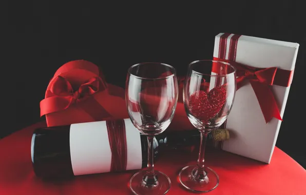 Вино, бокалы, red, love, romantic, hearts, valentine's day, gift